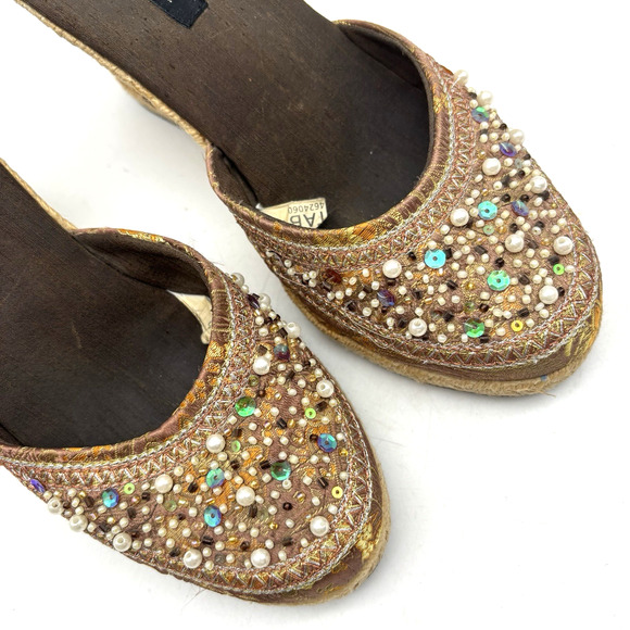 Vintage 90s Y2K Xhilaration Brown Satin Beaded Sequin Espadrille Wedge Heels 6 - Picture 16 of 16